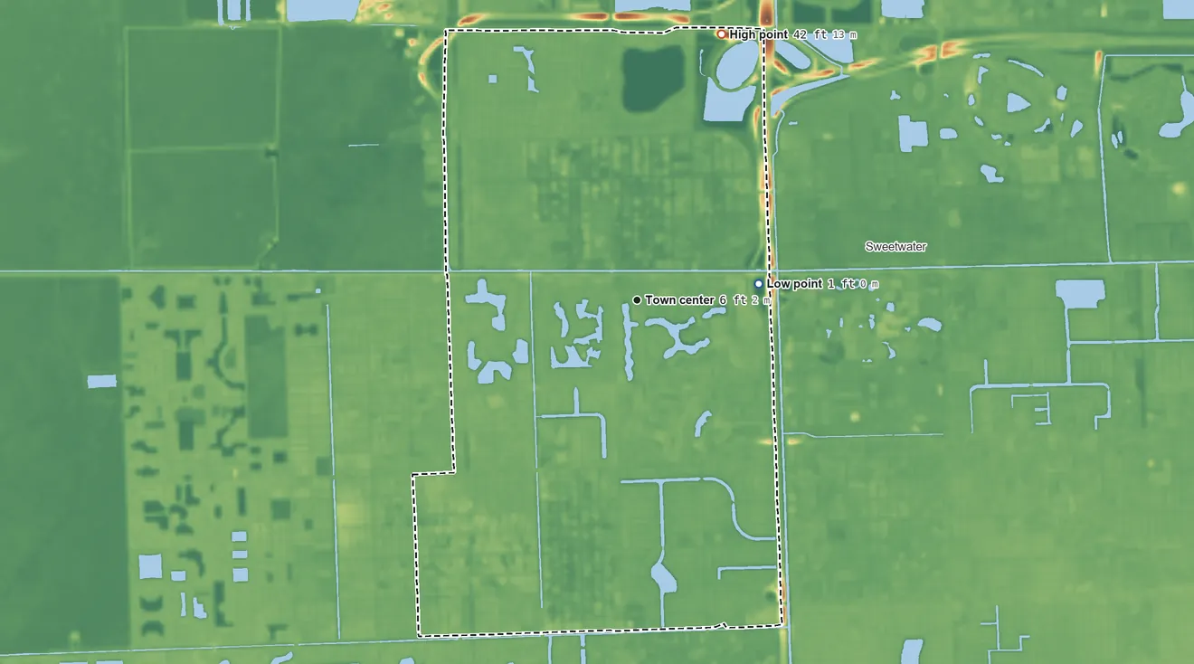 Topographic elevation map of Tamiami, Florida, shaded from 1 ft on the east side to 42 ft on the north side