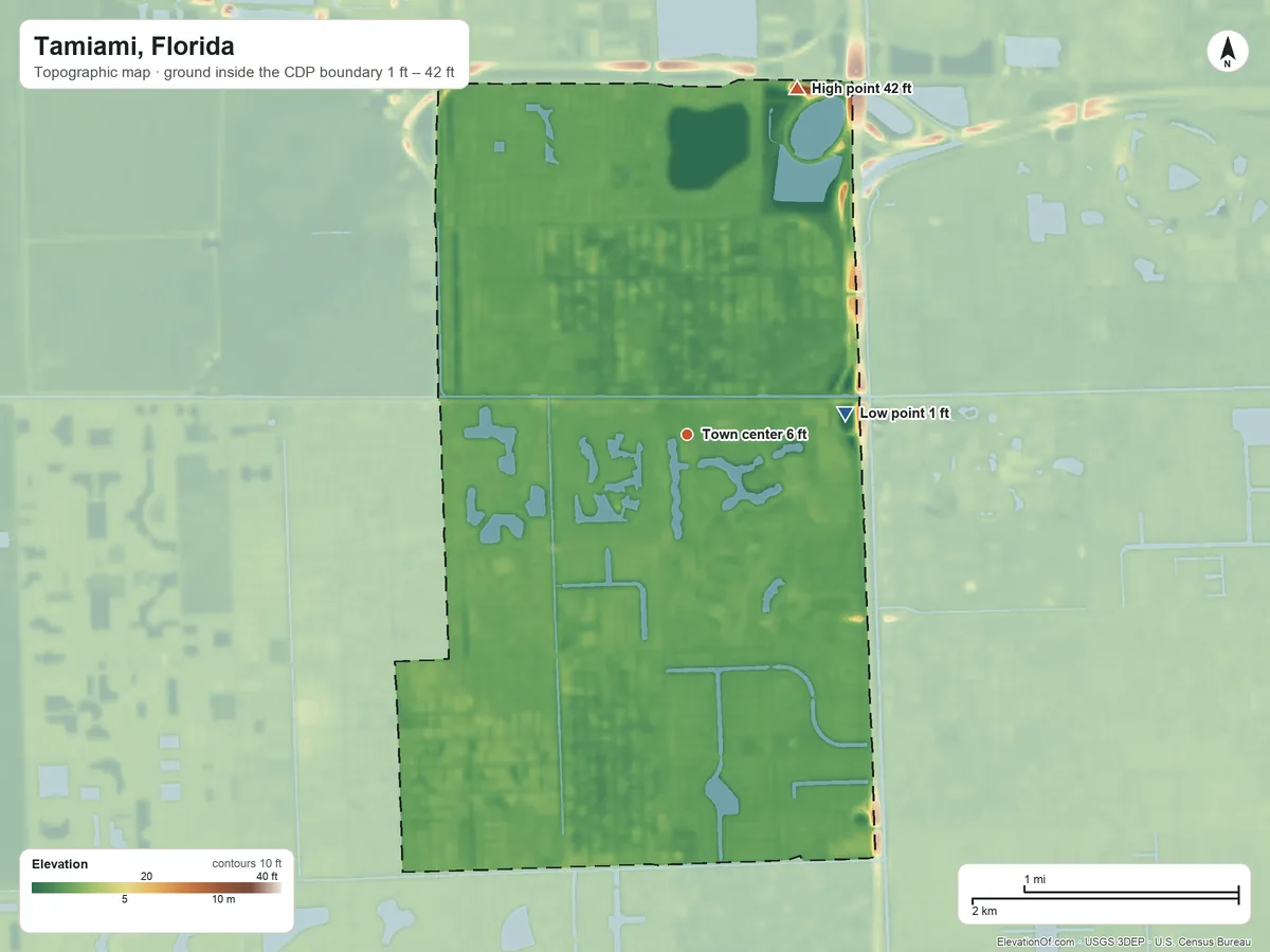 Topographic elevation map of Tamiami, Florida, shaded from 1 ft on the east side to 42 ft on the north side