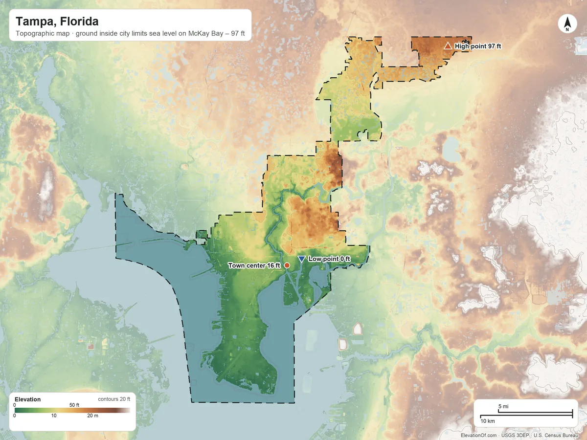 Topographic elevation map of Tampa, Florida, shaded from sea level level on McKay Bay to 97 ft on the northeast side
