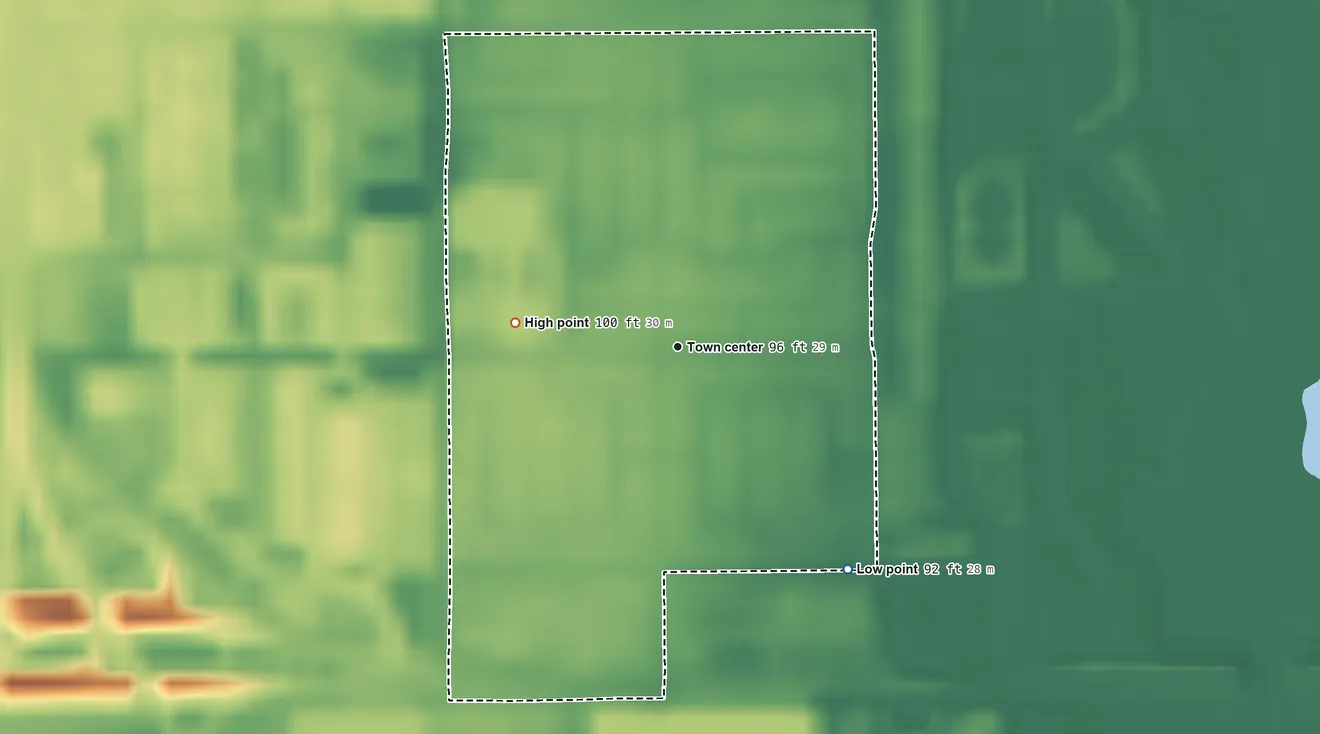 Topographic elevation map of Tangelo Park, Florida, shaded from 92 ft on the southeast side to 100 ft on the west side