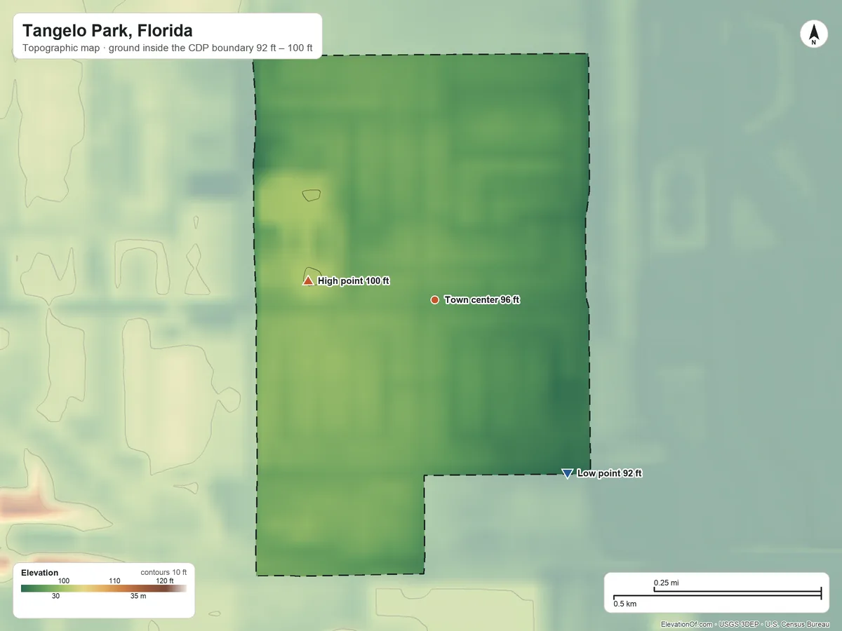 Topographic elevation map of Tangelo Park, Florida, shaded from 92 ft on the southeast side to 100 ft on the west side