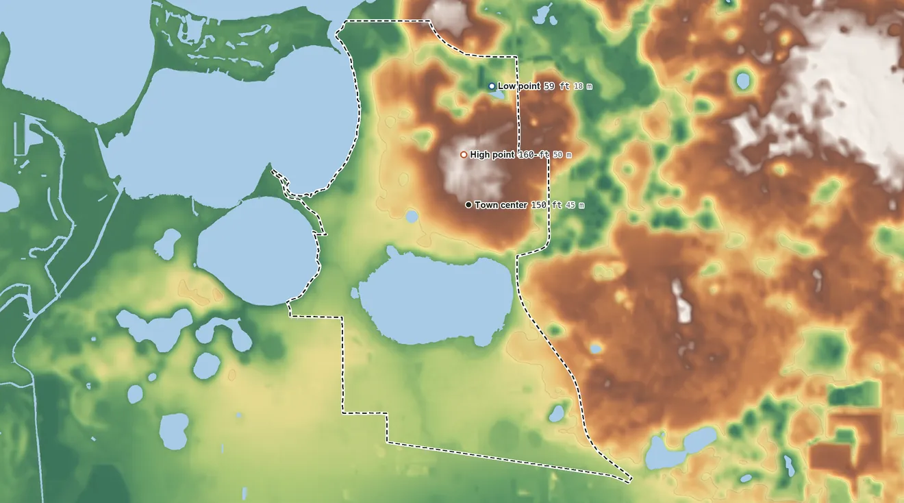 Topographic elevation map of Tangerine, Florida, shaded from 59 ft on the north side to 160 ft near the middle