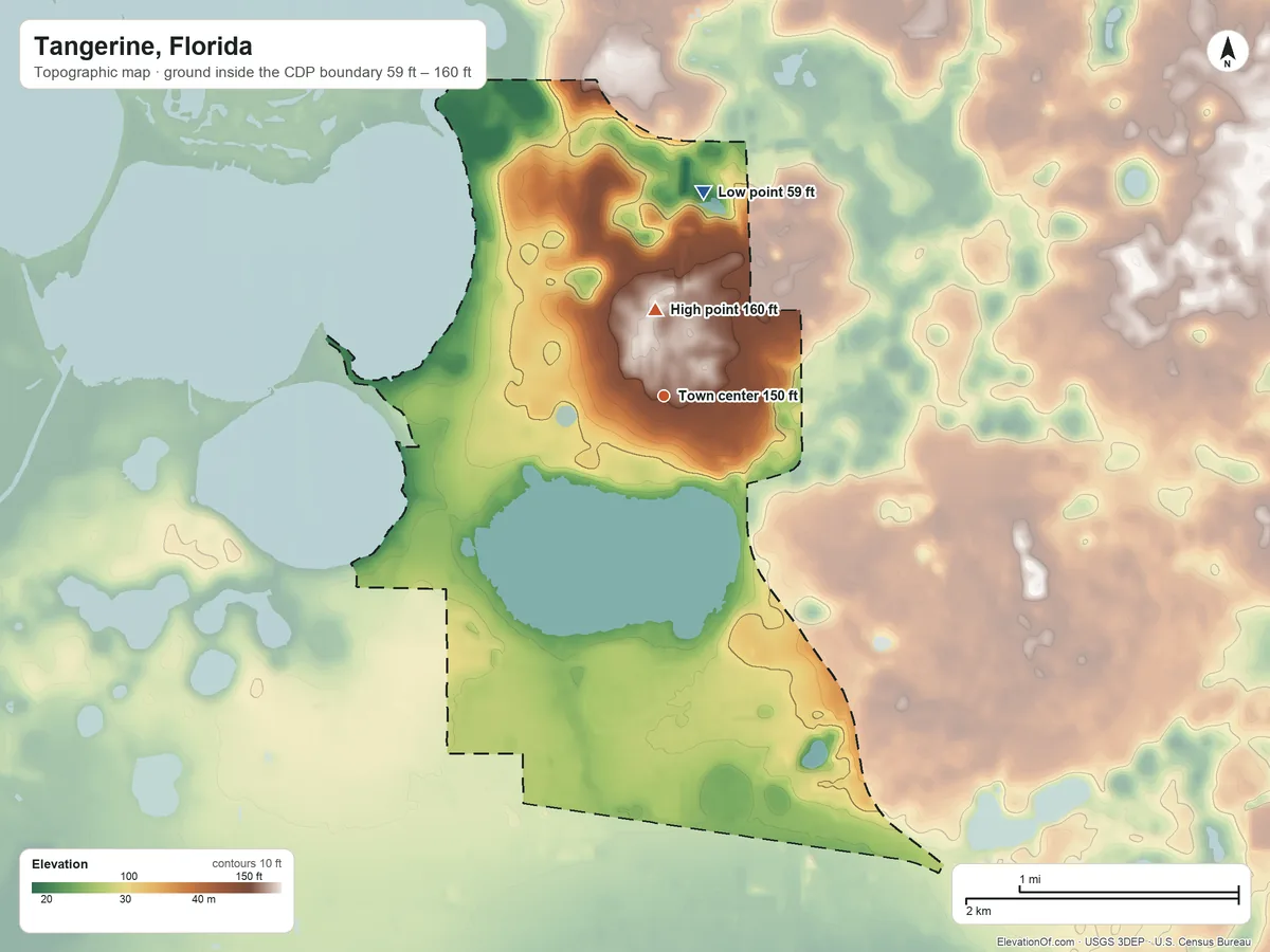 Topographic elevation map of Tangerine, Florida, shaded from 59 ft on the north side to 160 ft near the middle