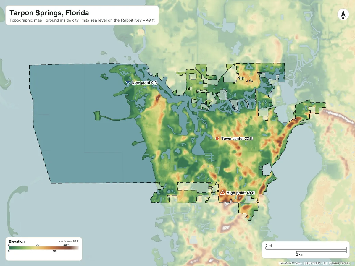 Topographic elevation map of Tarpon Springs, Florida, shaded from sea level level on the Rabbit Key to 49 ft on the south side