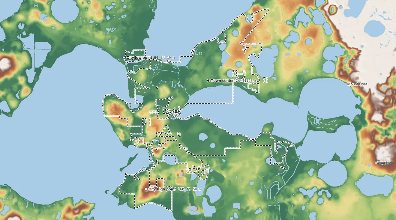 Topographic elevation map of Tavares, Florida, shaded from 61 ft on the west side to 160 ft on the southwest side