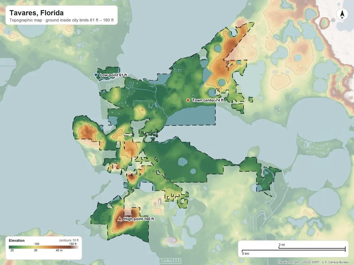 Topographic elevation map of Tavares, Florida, shaded from 61 ft on the west side to 160 ft on the southwest side
