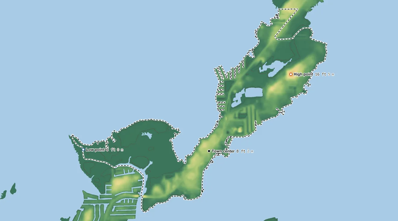 Topographic elevation map of Tavernier, Florida, shaded from sea level level on Florida Bay to 16 ft on the northeast side