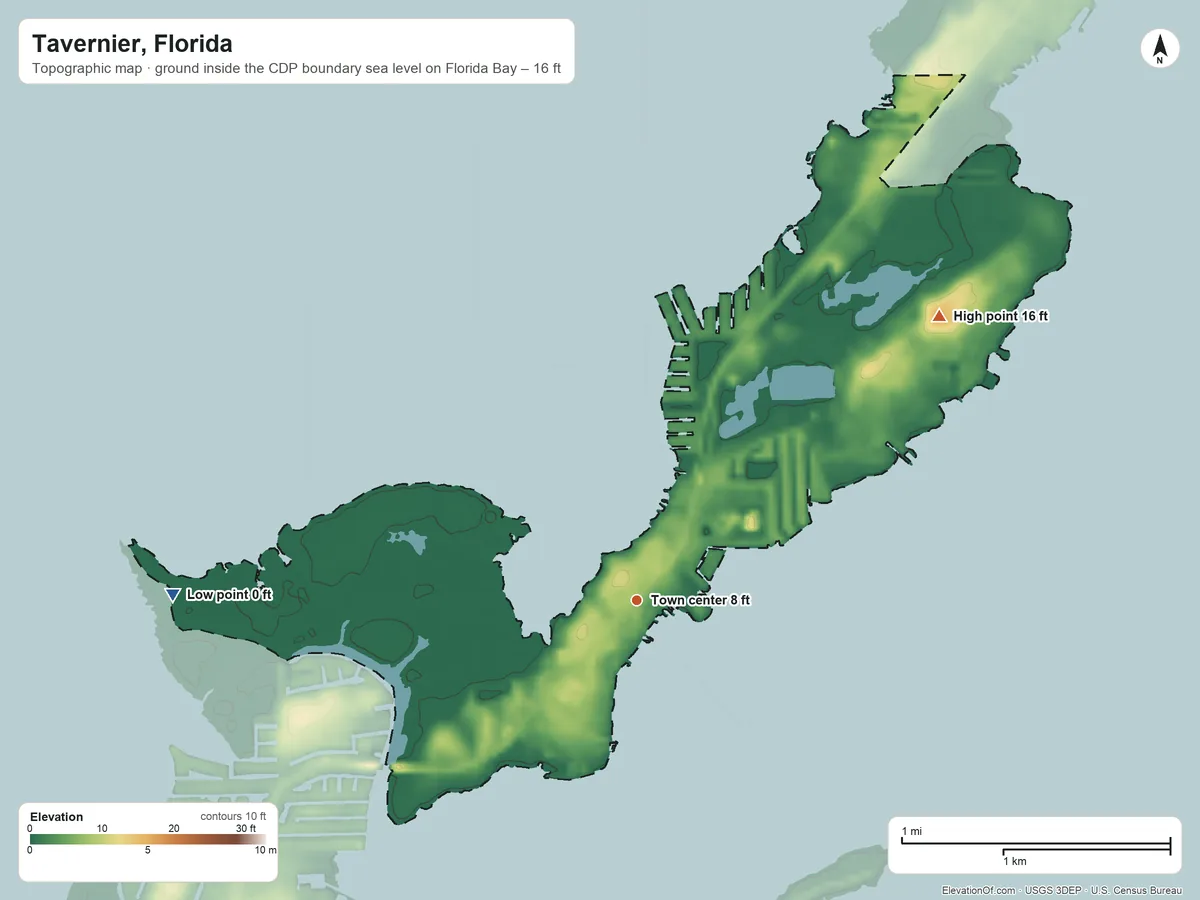 Topographic elevation map of Tavernier, Florida, shaded from sea level level on Florida Bay to 16 ft on the northeast side