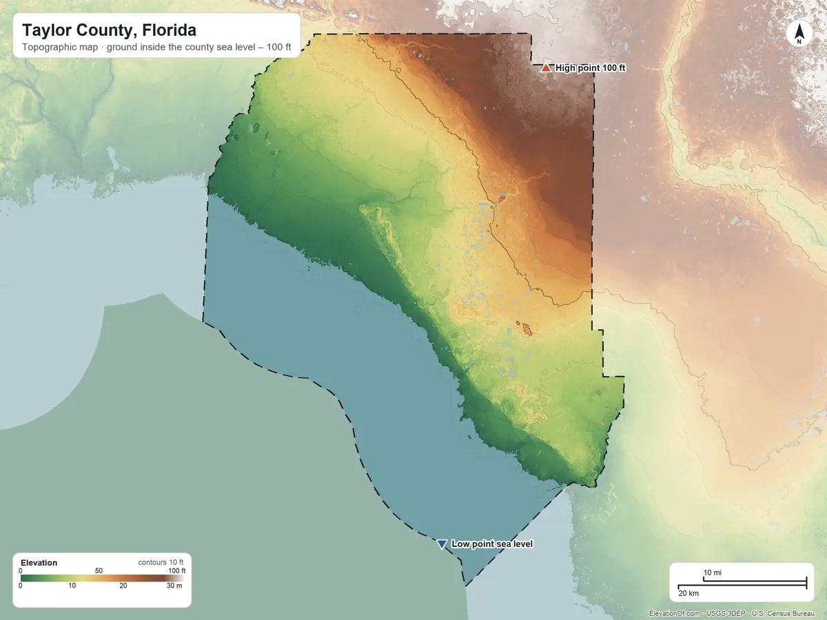Topographic elevation map of Taylor County, Florida, shaded from sea level on the Gulf of America to 100 ft on the northeast side