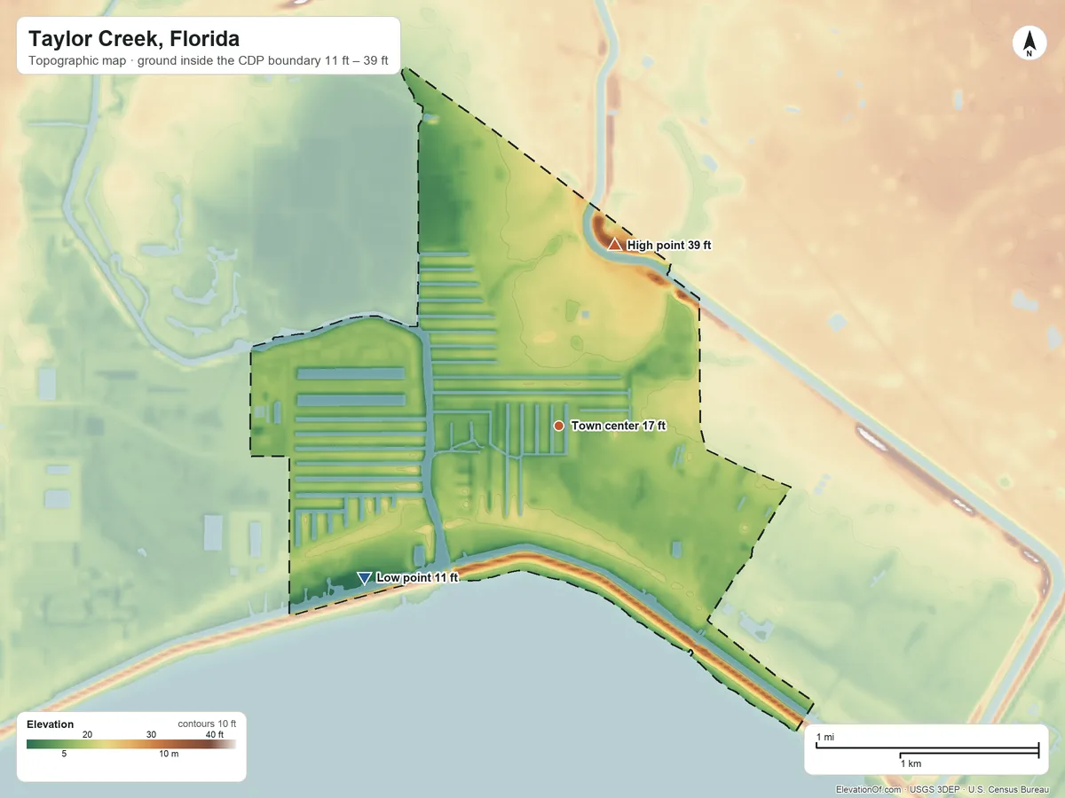 Topographic elevation map of Taylor Creek, Florida, shaded from 11 ft on the southwest side to 39 ft on the north side
