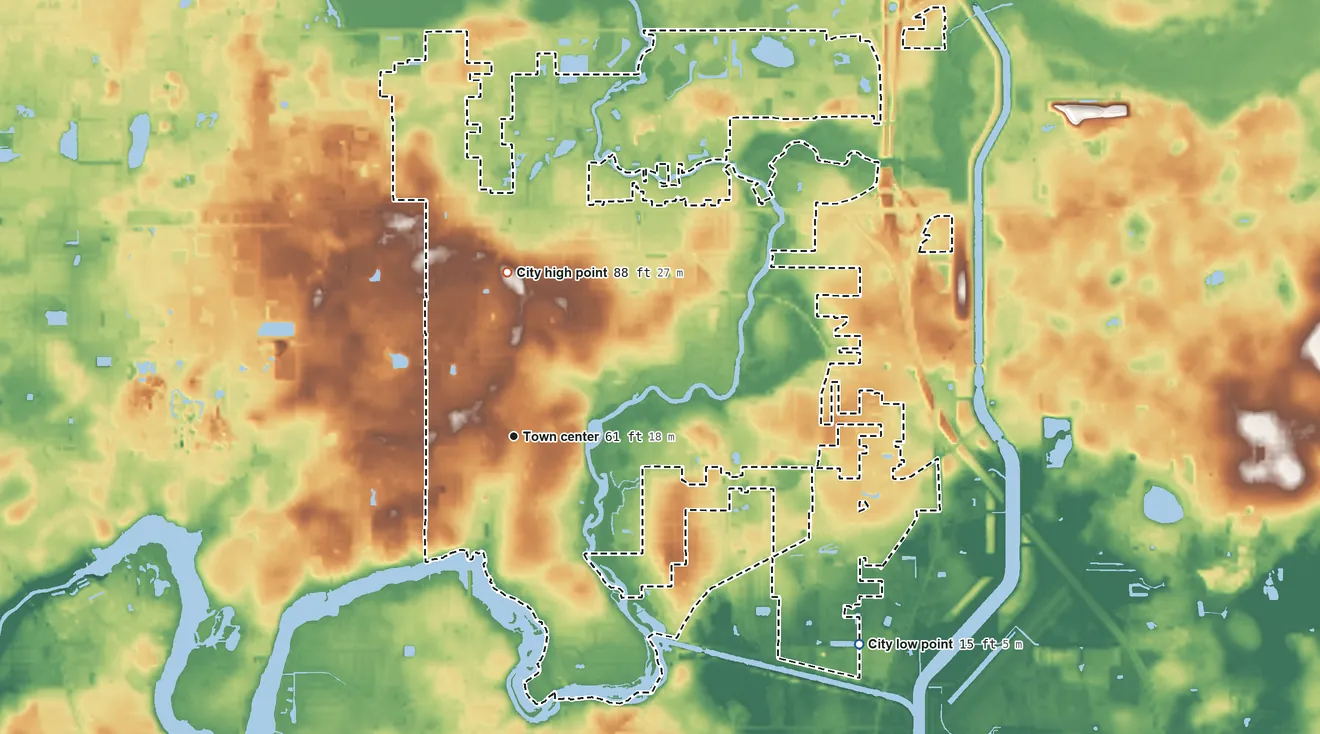 Topographic elevation map of Temple Terrace, Florida, shaded from 15 ft on the southeast side to 88 ft on the north side