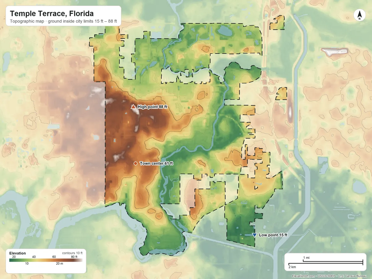 Topographic elevation map of Temple Terrace, Florida, shaded from 15 ft on the southeast side to 88 ft on the north side