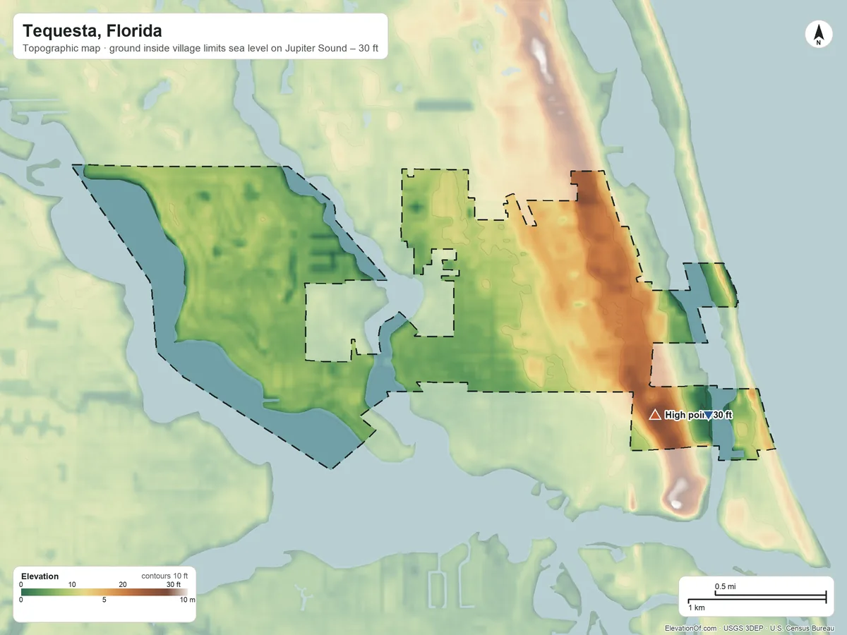 Topographic elevation map of Tequesta, Florida, shaded from sea level level on Jupiter Sound to 30 ft on the southeast side