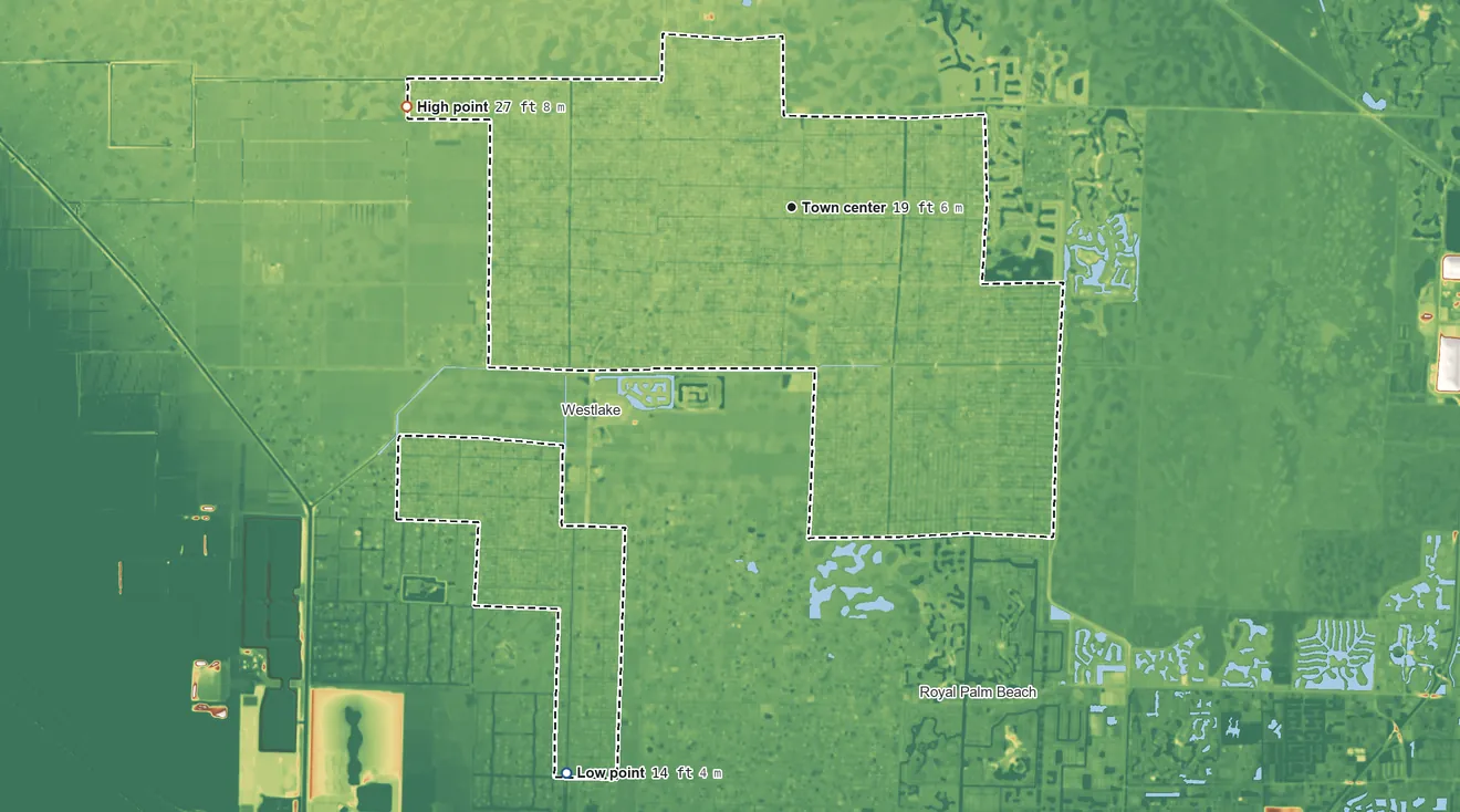 Topographic elevation map of The Acreage, Florida, shaded from 14 ft on the south side to 27 ft on the west side