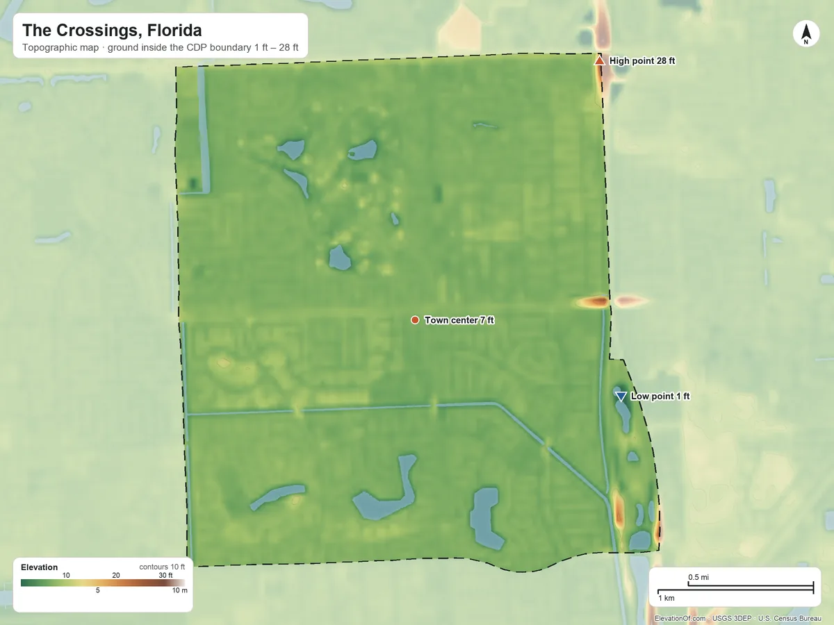 Topographic elevation map of The Crossings, Florida, shaded from 1 ft on the east side to 28 ft on the northeast side