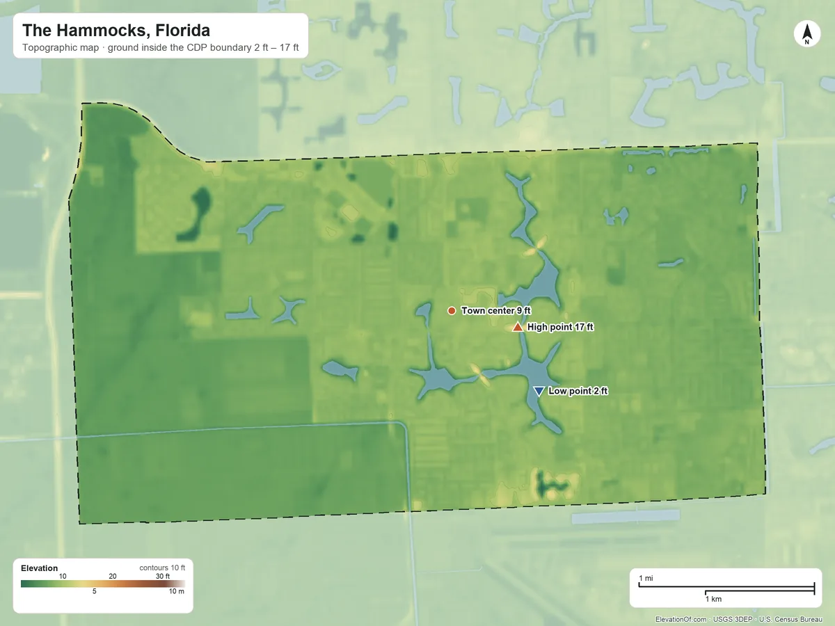 Topographic elevation map of The Hammocks, Florida, shaded from 2 ft on the southeast side to 17 ft near the middle