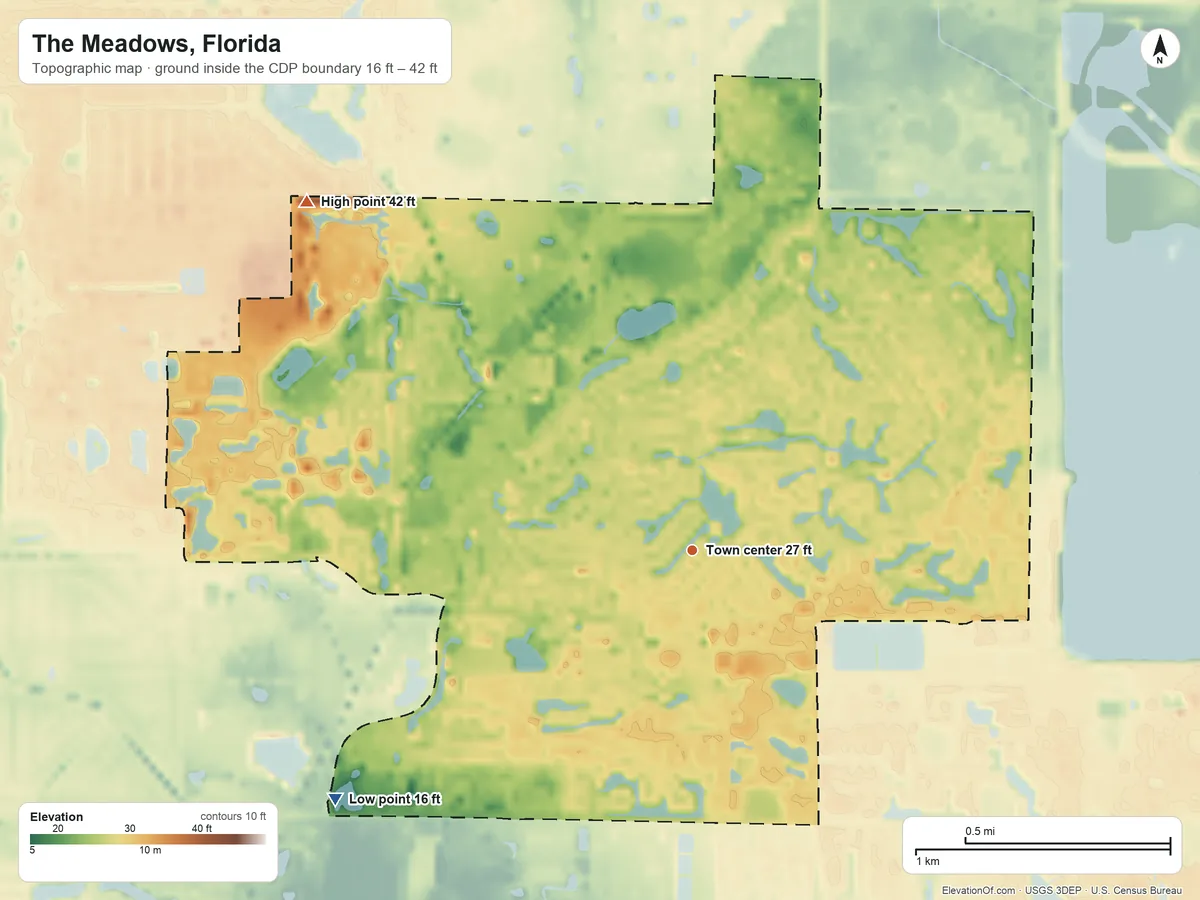 Topographic elevation map of The Meadows, Florida, shaded from 16 ft on the southwest side to 42 ft on the northwest side