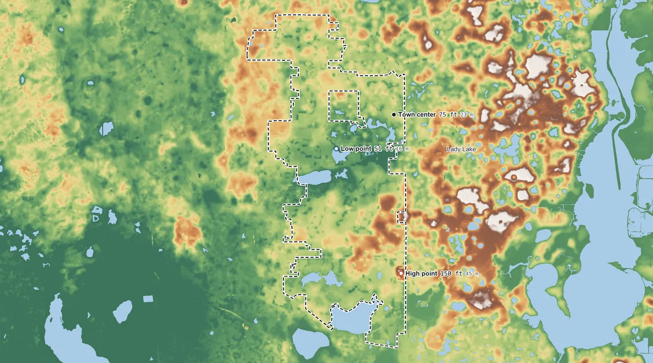 Topographic elevation map of The Villages, Florida, shaded from 51 ft on the southwest side to 150 ft on the south side