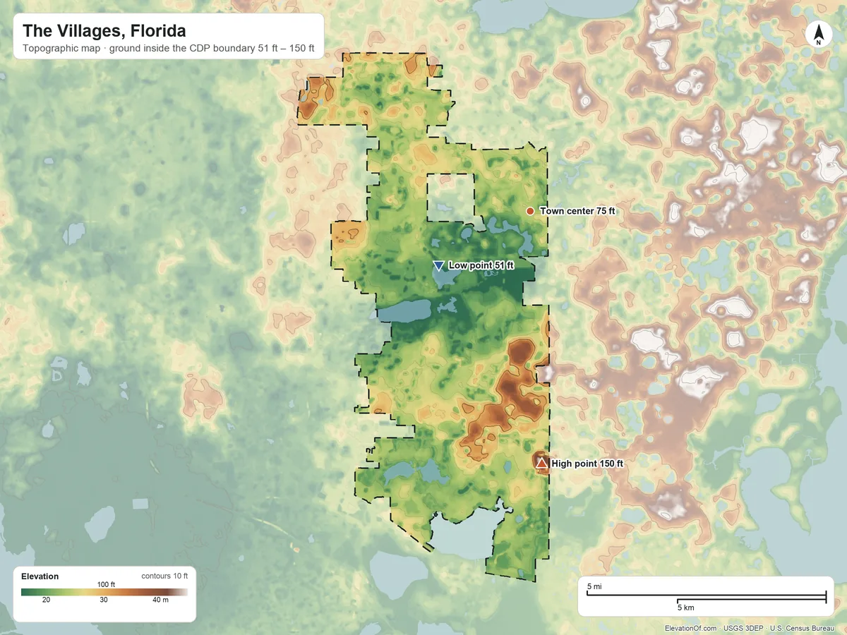 Topographic elevation map of The Villages, Florida, shaded from 51 ft on the southwest side to 150 ft on the south side