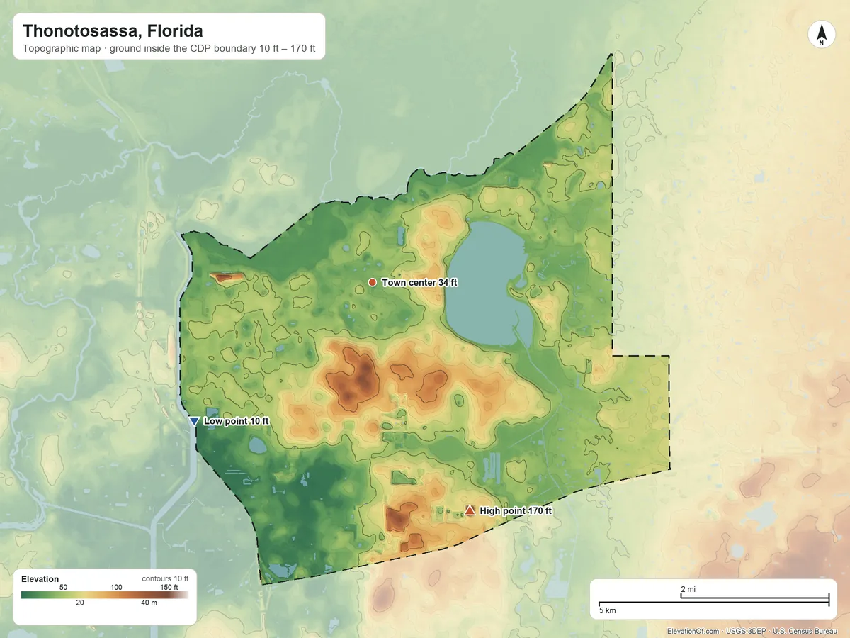 Topographic elevation map of Thonotosassa, Florida, shaded from 10 ft on the southwest side to 170 ft on the southeast side