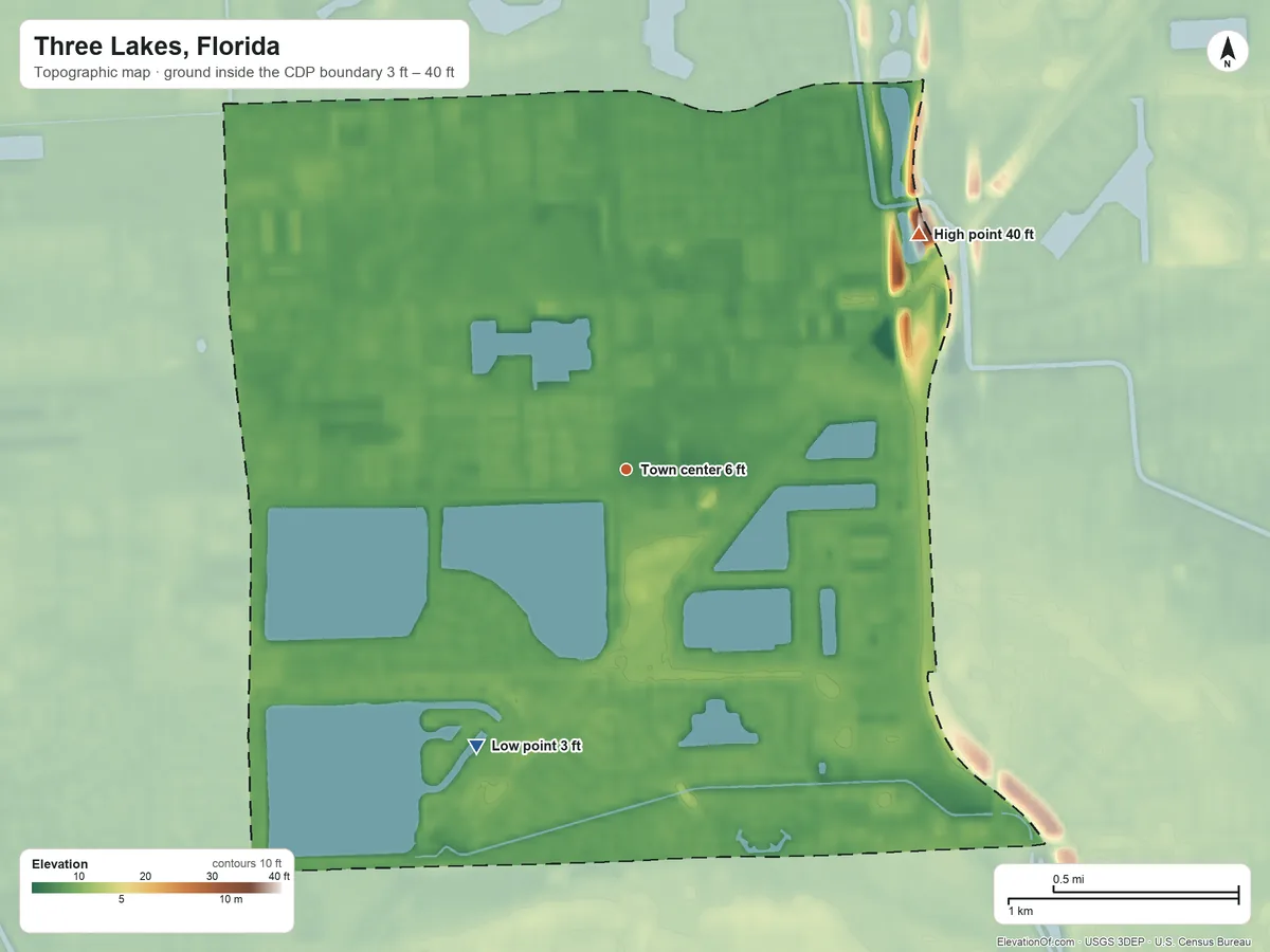 Topographic elevation map of Three Lakes, Florida, shaded from 3 ft on the southwest side to 40 ft on the northeast side