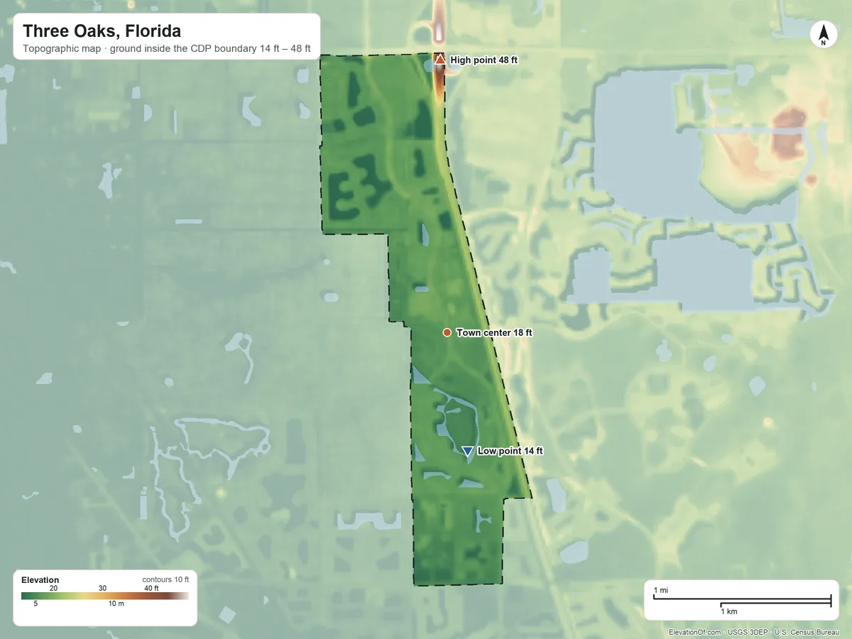 Topographic elevation map of Three Oaks, Florida, shaded from 14 ft on the south side to 48 ft on the north side