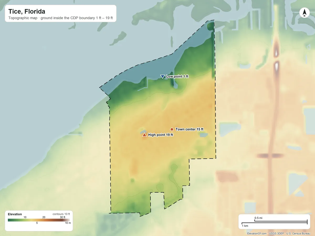 Topographic elevation map of Tice, Florida, shaded from 1 ft on the north side to 19 ft on the west side
