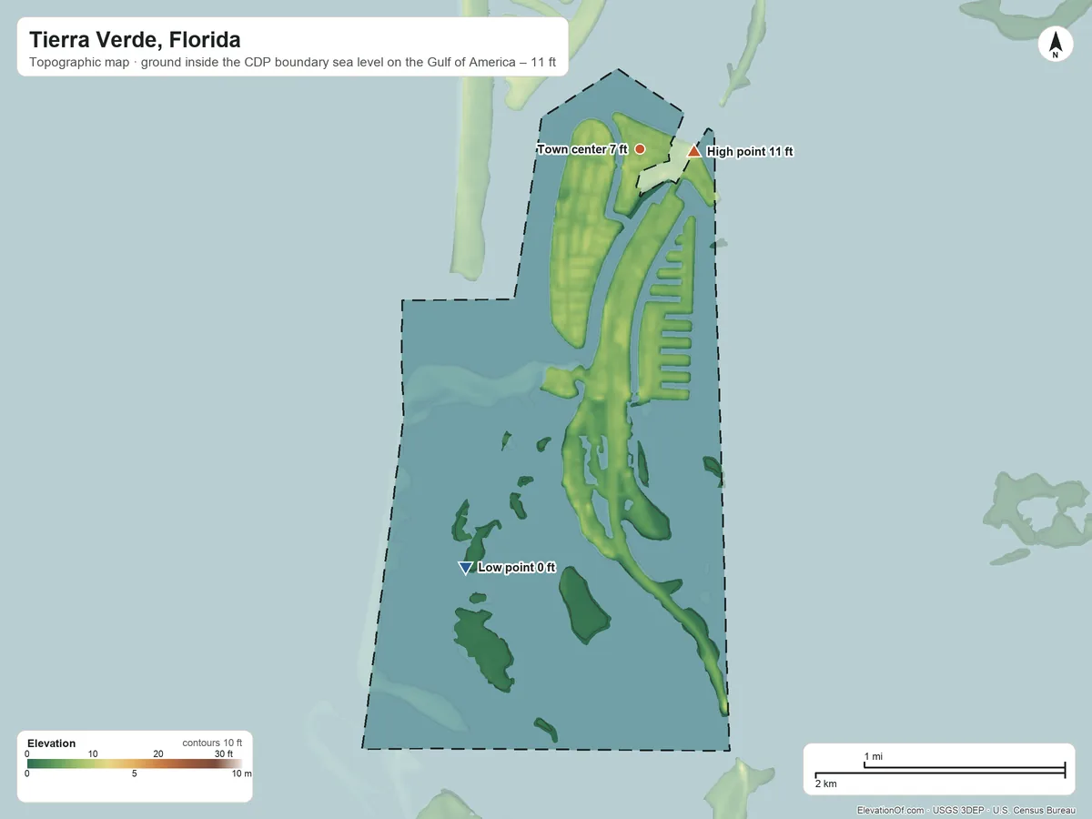 Topographic elevation map of Tierra Verde, Florida, shaded from sea level level on the Gulf of America to 11 ft near the middle