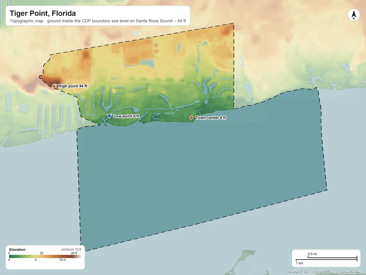 Topographic elevation map of Tiger Point, Florida, shaded from sea level level on Santa Rosa Sound to 44 ft on the west side