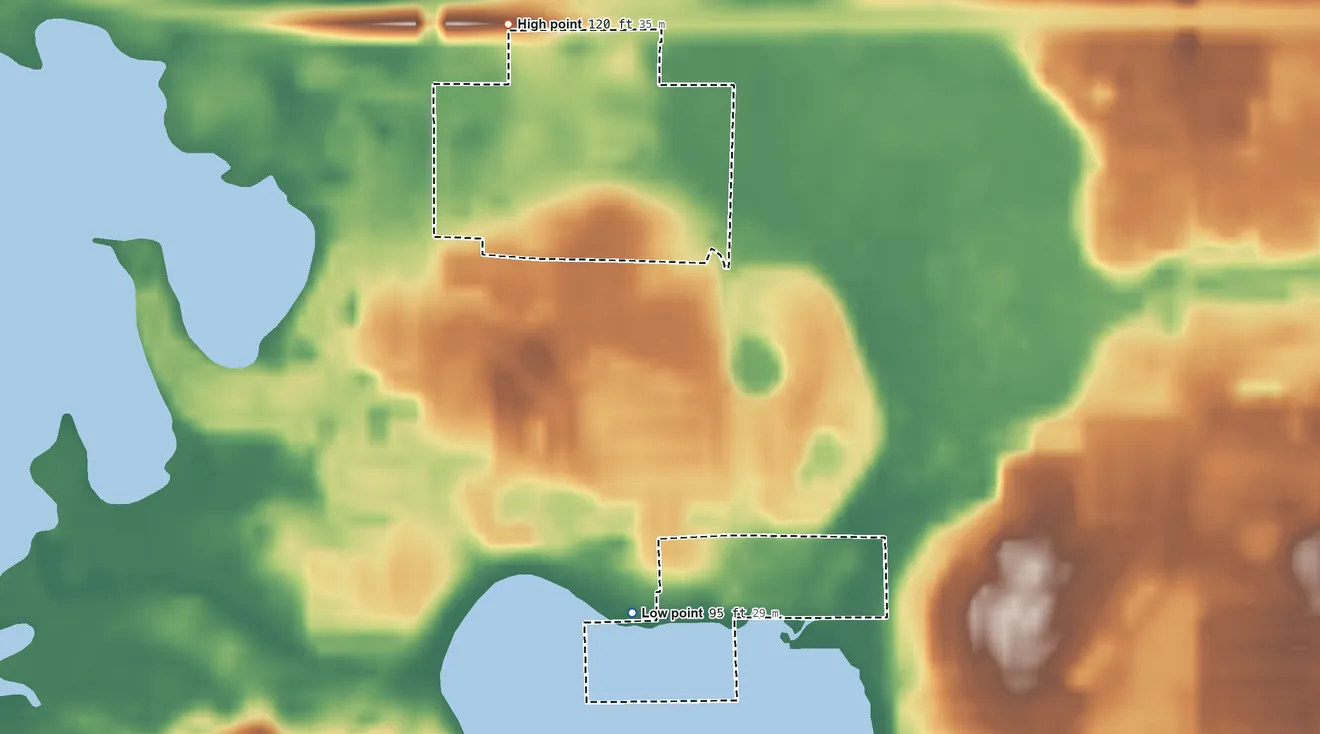 Topographic elevation map of Tildenville, Florida, shaded from 95 ft on the south side to 120 ft on the north side