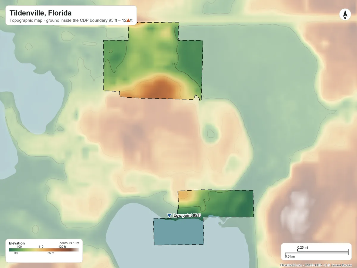 Topographic elevation map of Tildenville, Florida, shaded from 95 ft on the south side to 120 ft on the north side