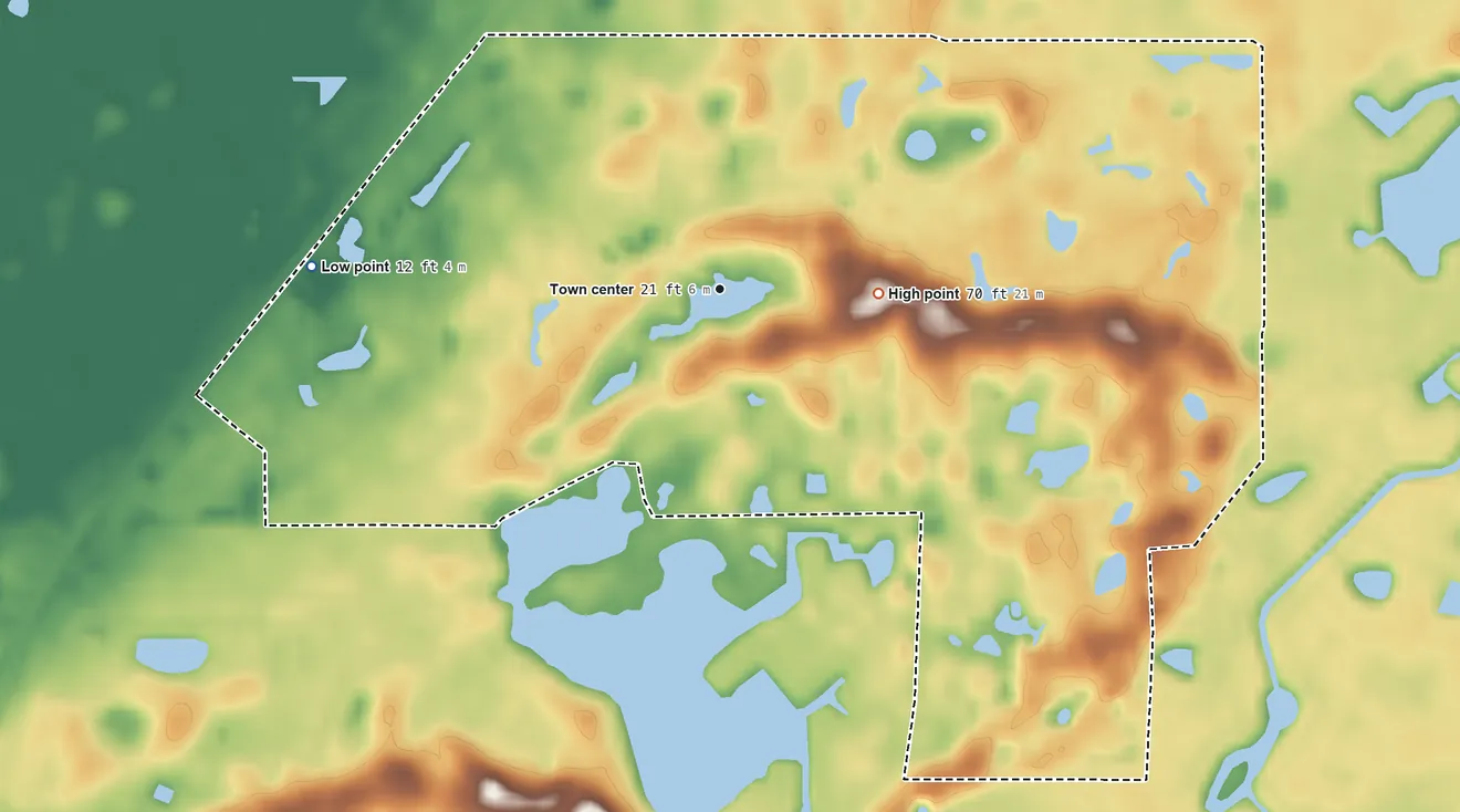 Topographic elevation map of Timber Pines, Florida, shaded from 12 ft on the west side to 70 ft on the east side