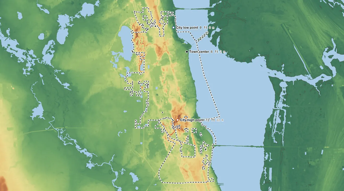 Topographic elevation map of Titusville, Florida, shaded from 0 ft on the northwest side to 71 ft on the south side