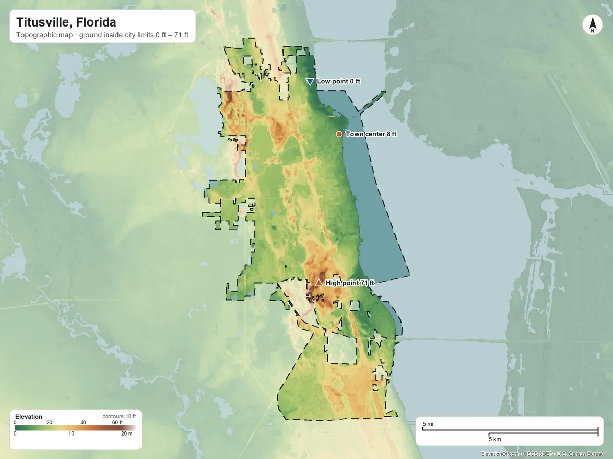 Topographic elevation map of Titusville, Florida, shaded from 0 ft on the northwest side to 71 ft on the south side
