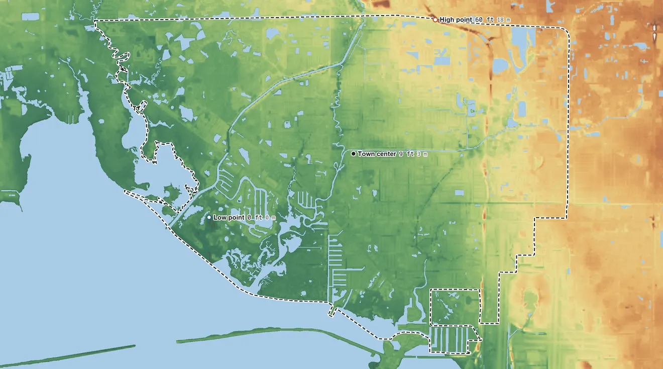 Topographic elevation map of Town 'n' Country, Florida, shaded from sea level level on the Double Branch Tidal Basin to 60 ft on the northeast side