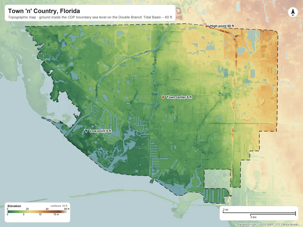 Topographic elevation map of Town 'n' Country, Florida, shaded from sea level level on the Double Branch Tidal Basin to 60 ft on the northeast side