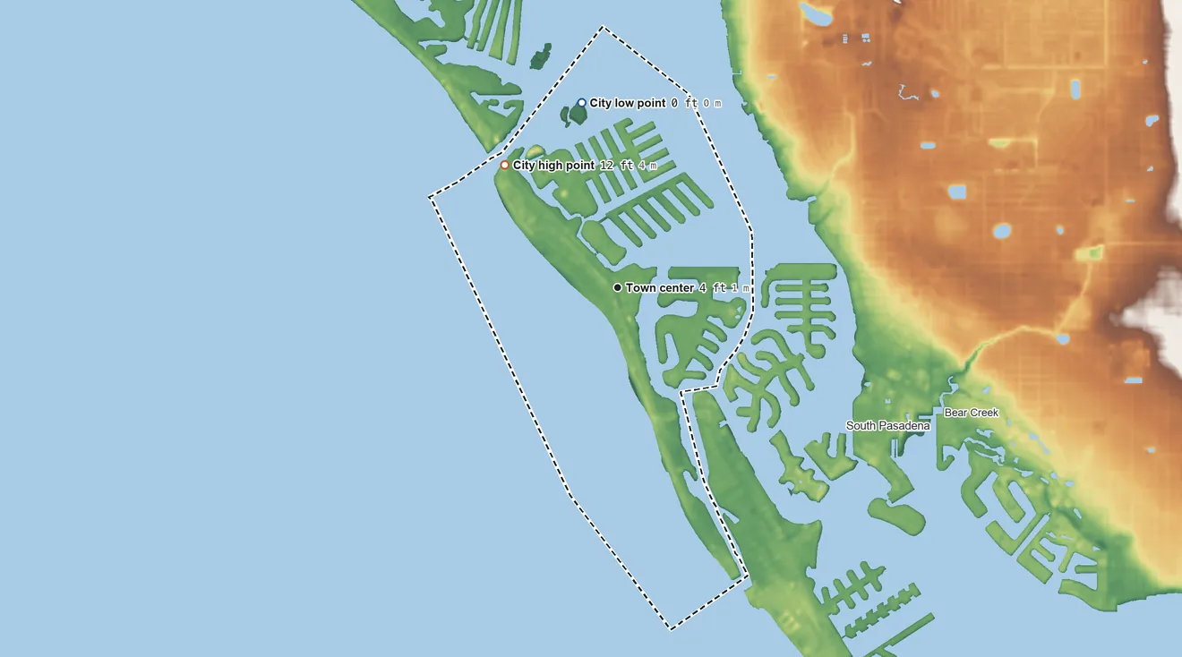 Topographic elevation map of Treasure Island, Florida, shaded from sea level level on Boca Ciega Bay to 12 ft on the northwest side