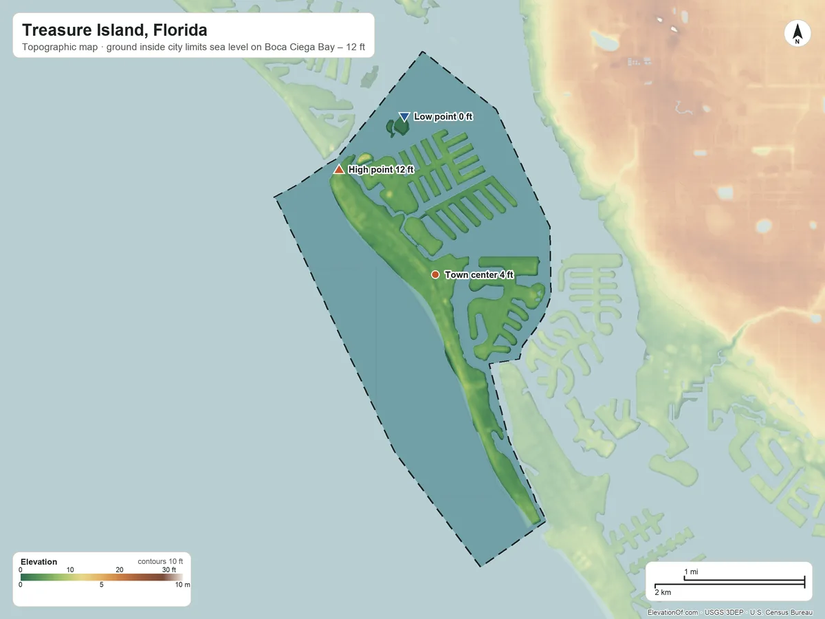 Topographic elevation map of Treasure Island, Florida, shaded from sea level level on Boca Ciega Bay to 12 ft on the northwest side