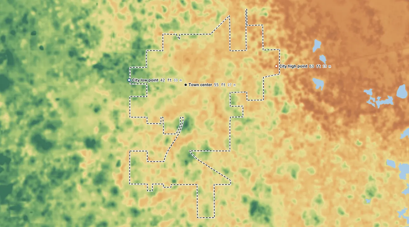Topographic elevation map of Trenton, Florida, shaded from 42 ft on the west side to 63 ft on the east side