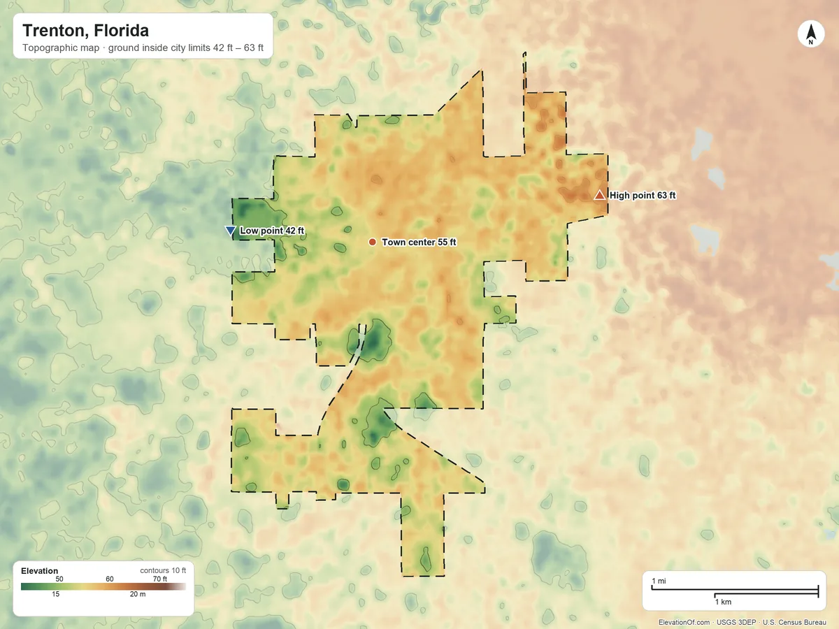 Topographic elevation map of Trenton, Florida, shaded from 42 ft on the west side to 63 ft on the east side