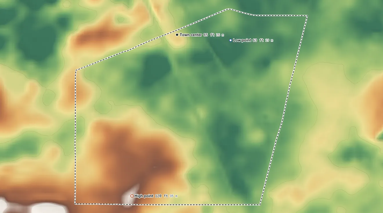 Topographic elevation map of Trilby, Florida, shaded from 63 ft on the east side to 120 ft on the south side