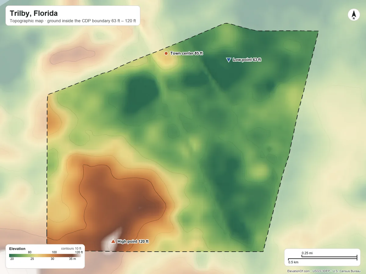 Topographic elevation map of Trilby, Florida, shaded from 63 ft on the east side to 120 ft on the south side