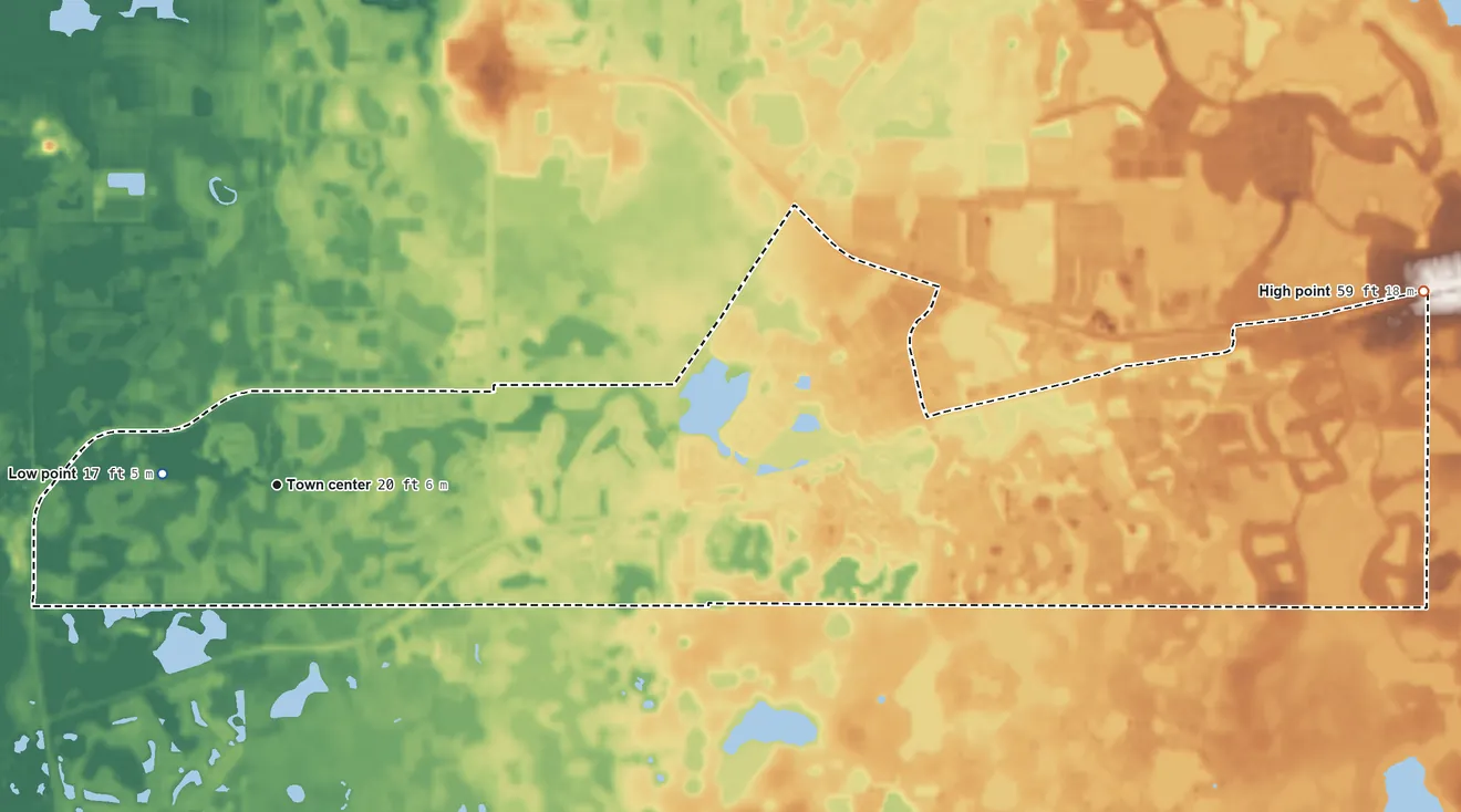 Topographic elevation map of Trinity, Florida, shaded from 17 ft near the middle to 59 ft on the east side