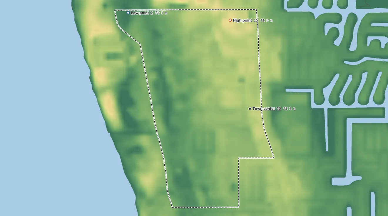 Topographic elevation map of Tropical Park, Florida, shaded from 2 ft on the northwest side to 15 ft on the north side