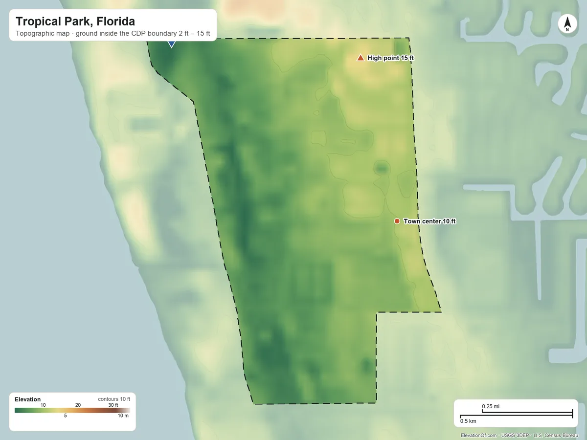 Topographic elevation map of Tropical Park, Florida, shaded from 2 ft on the northwest side to 15 ft on the north side
