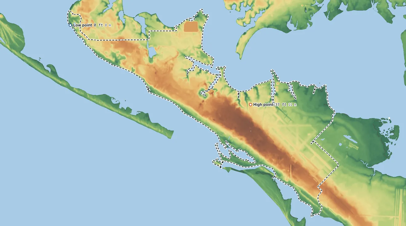 Topographic elevation map of Tyndall AFB, Florida, shaded from sea level level on St. Andrews Bay to 37 ft on the east side