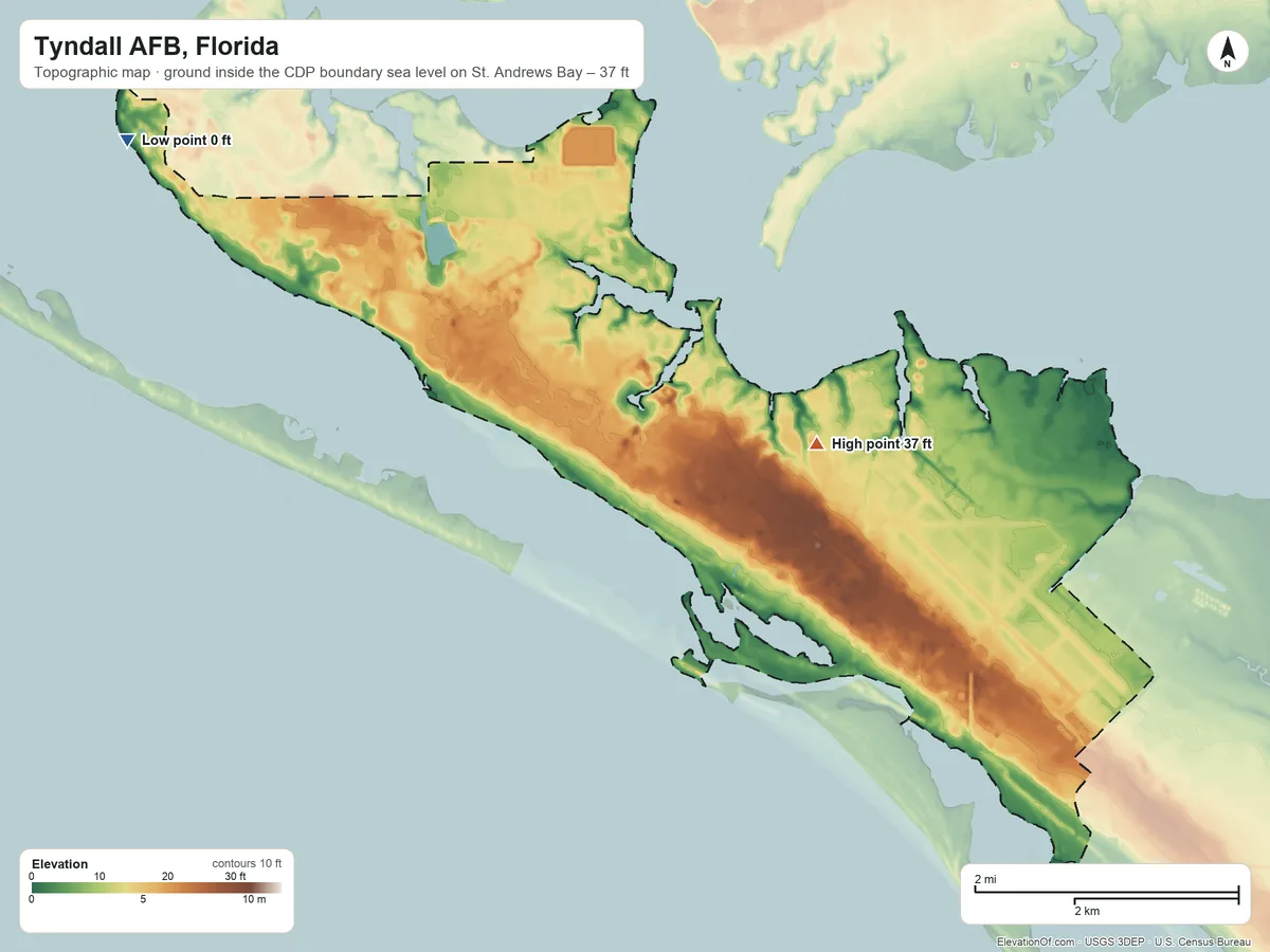 Topographic elevation map of Tyndall AFB, Florida, shaded from sea level level on St. Andrews Bay to 37 ft on the east side