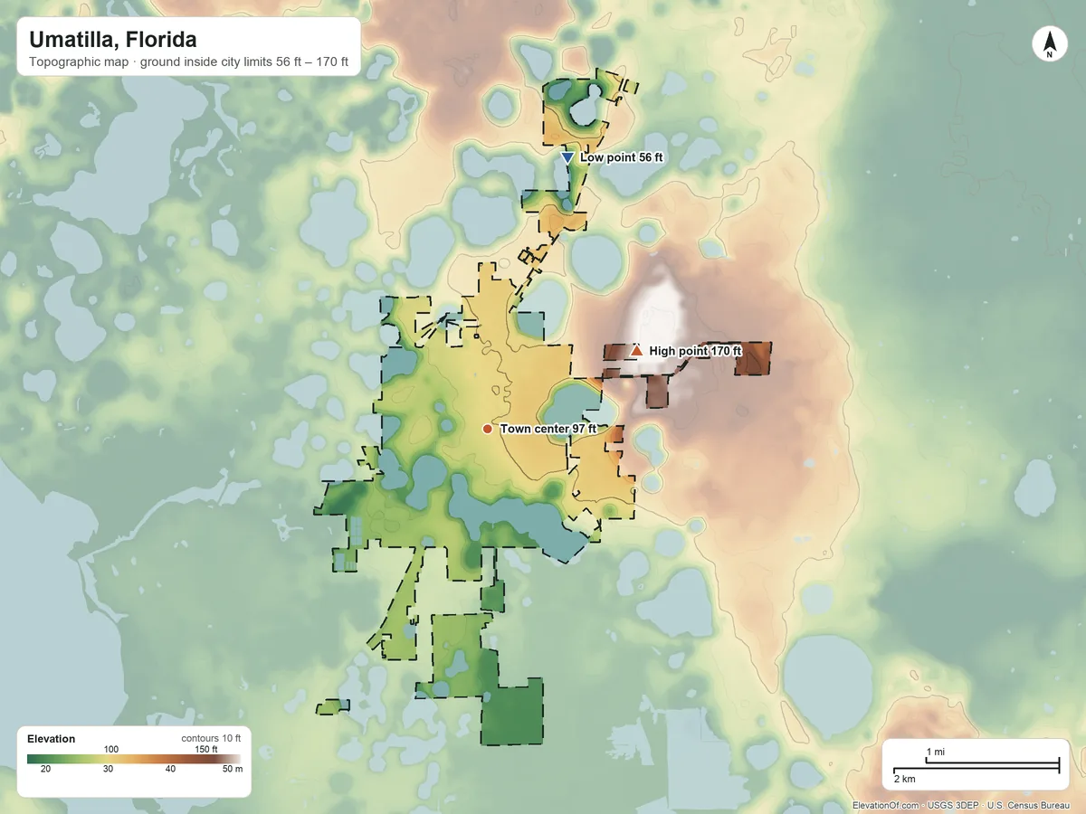 Topographic elevation map of Umatilla, Florida, shaded from 56 ft on the north side to 170 ft on the northeast side