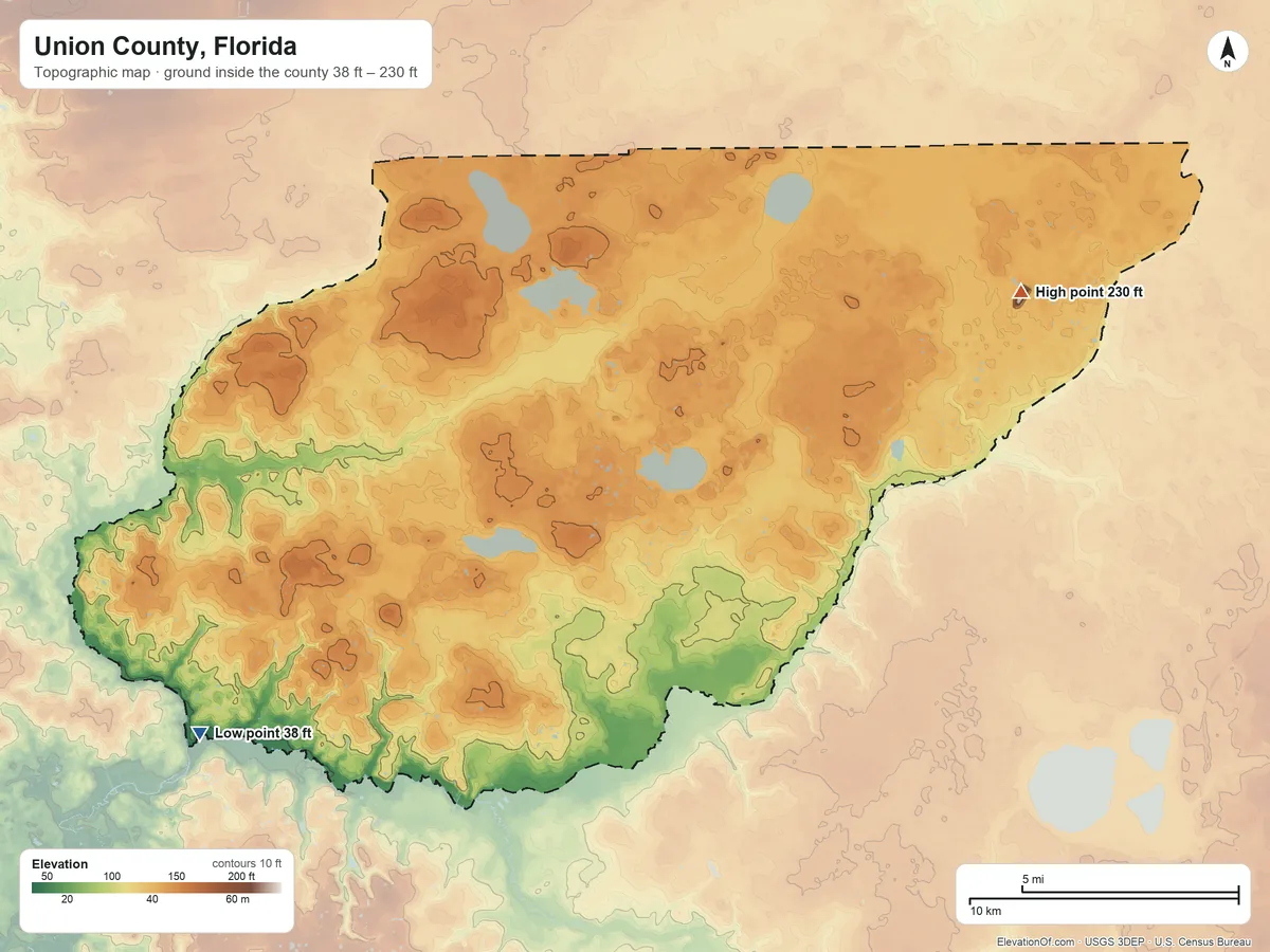 Topographic elevation map of Union County, Florida, shaded from 38 ft on the southwest side to 230 ft on the northeast side