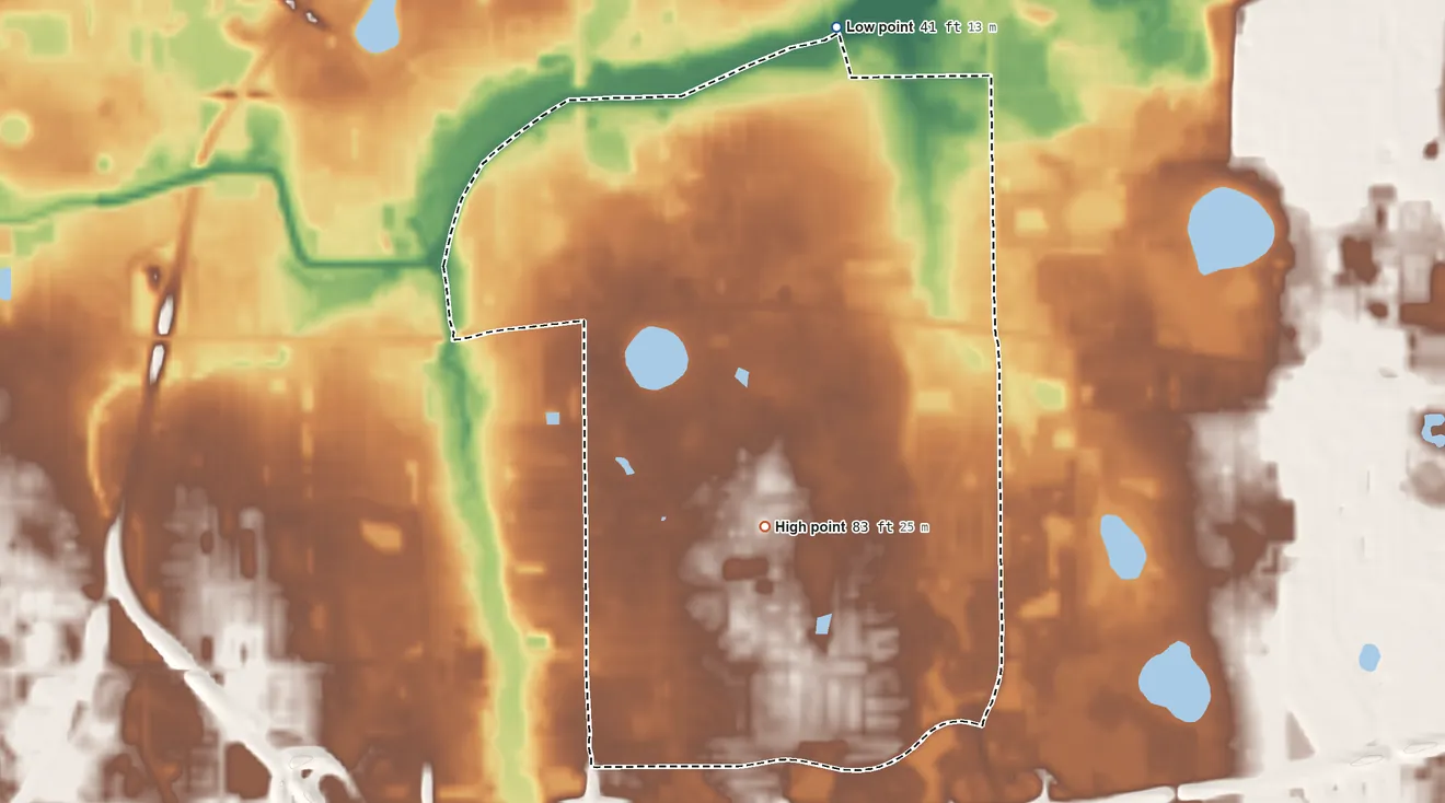 Topographic elevation map of Union Park, Florida, shaded from 41 ft on the north side to 83 ft near the middle